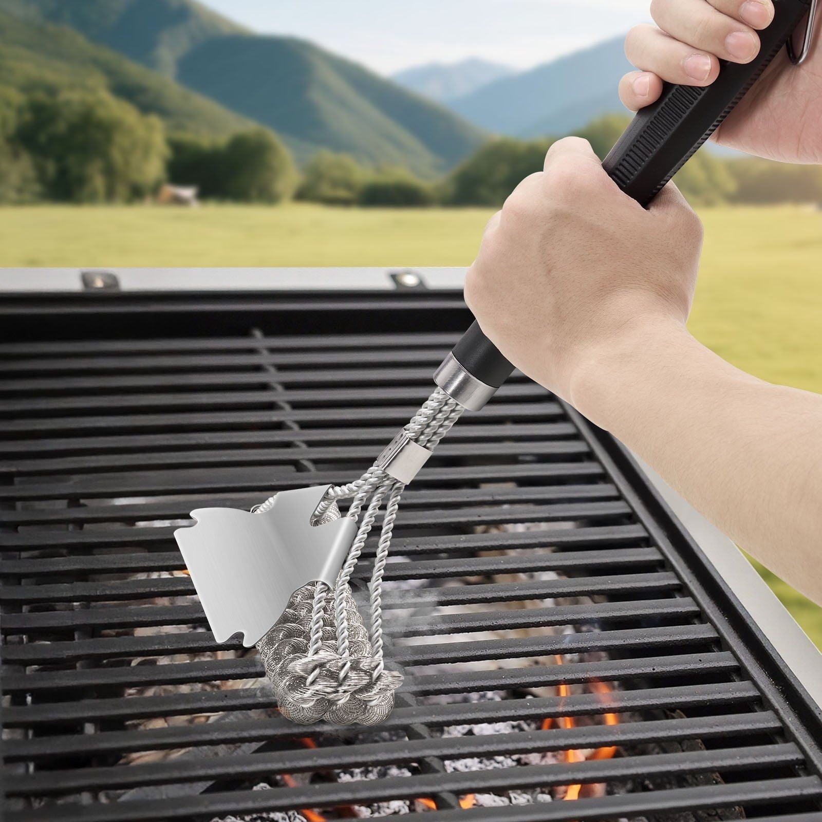 Stainless Steel BBQ Grill Brush &amp; Scraper - 17" Bristle-Free Grill Cleaner - Heavy Duty Grill Cleaning Tool for Gas, Charcoal &amp; Pellet Grills - Safe, Non-Scratch Surface Cleaning