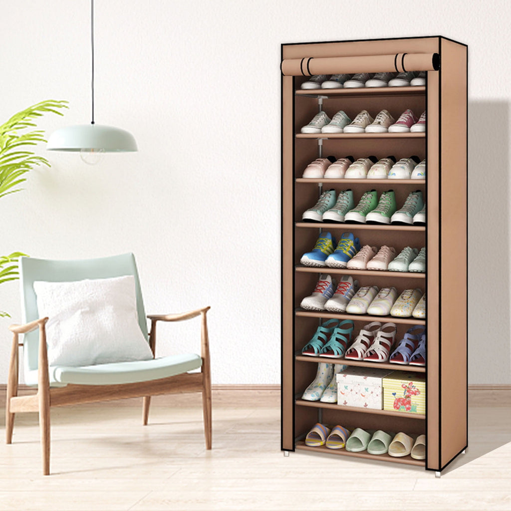10-Tier Shoe Organizer, Non-Woven Fabric Design, Holds up to 27 Pairs, Stylish Storage Solution for Sneakers, Coffee Color