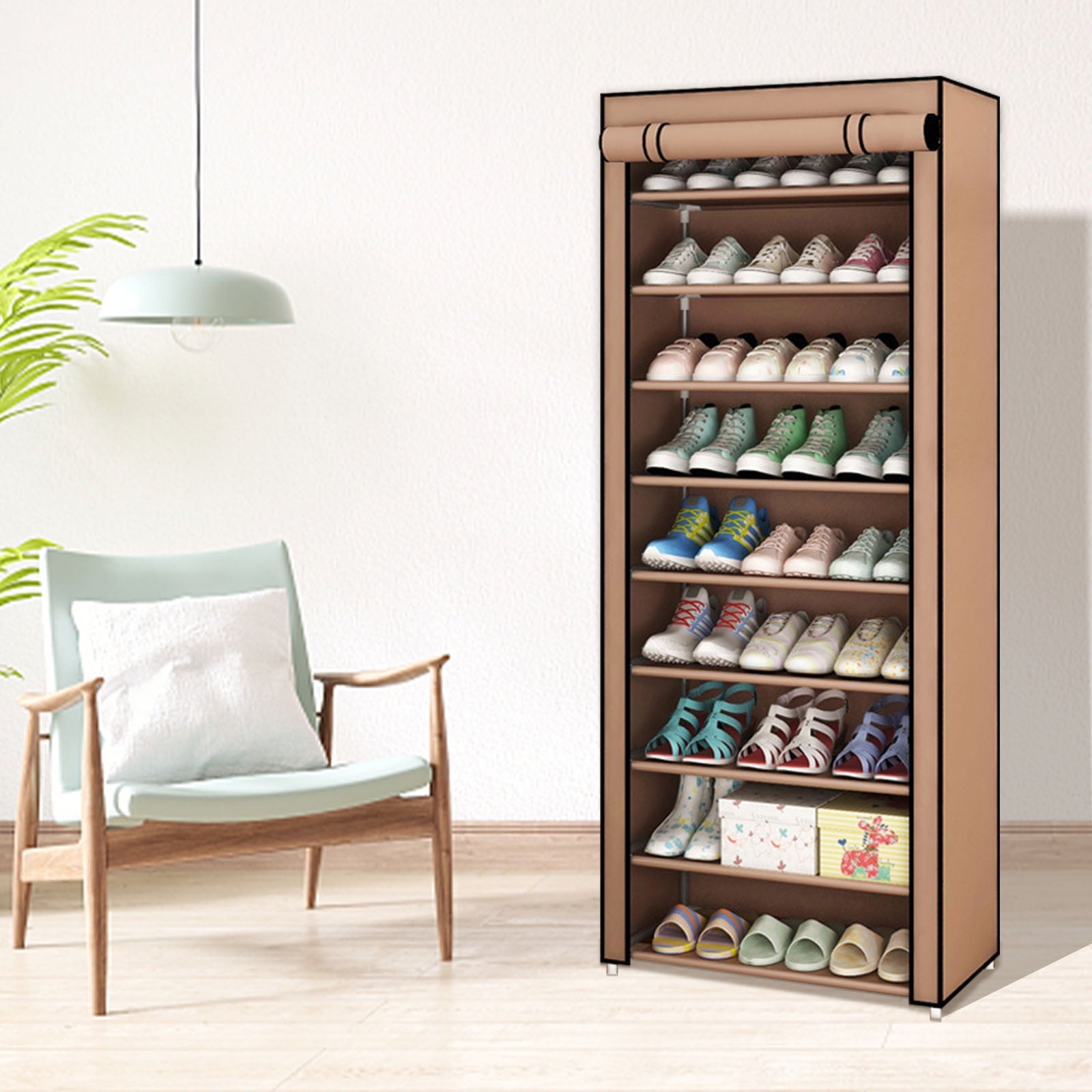 10-Tier Shoe Organizer, Non-Woven Fabric Design, Holds up to 27 Pairs, Stylish Storage Solution for Sneakers, Coffee Color