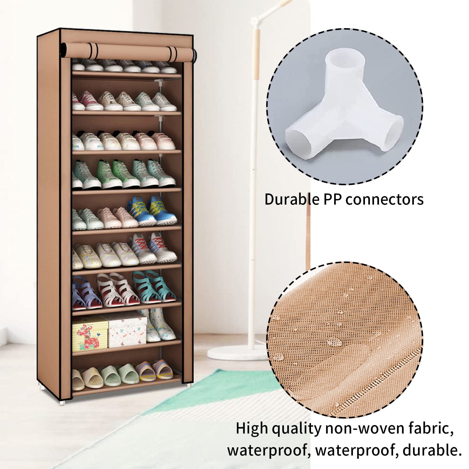10-Tier Shoe Organizer, Non-Woven Fabric Design, Holds up to 27 Pairs, Stylish Storage Solution for Sneakers, Coffee Color