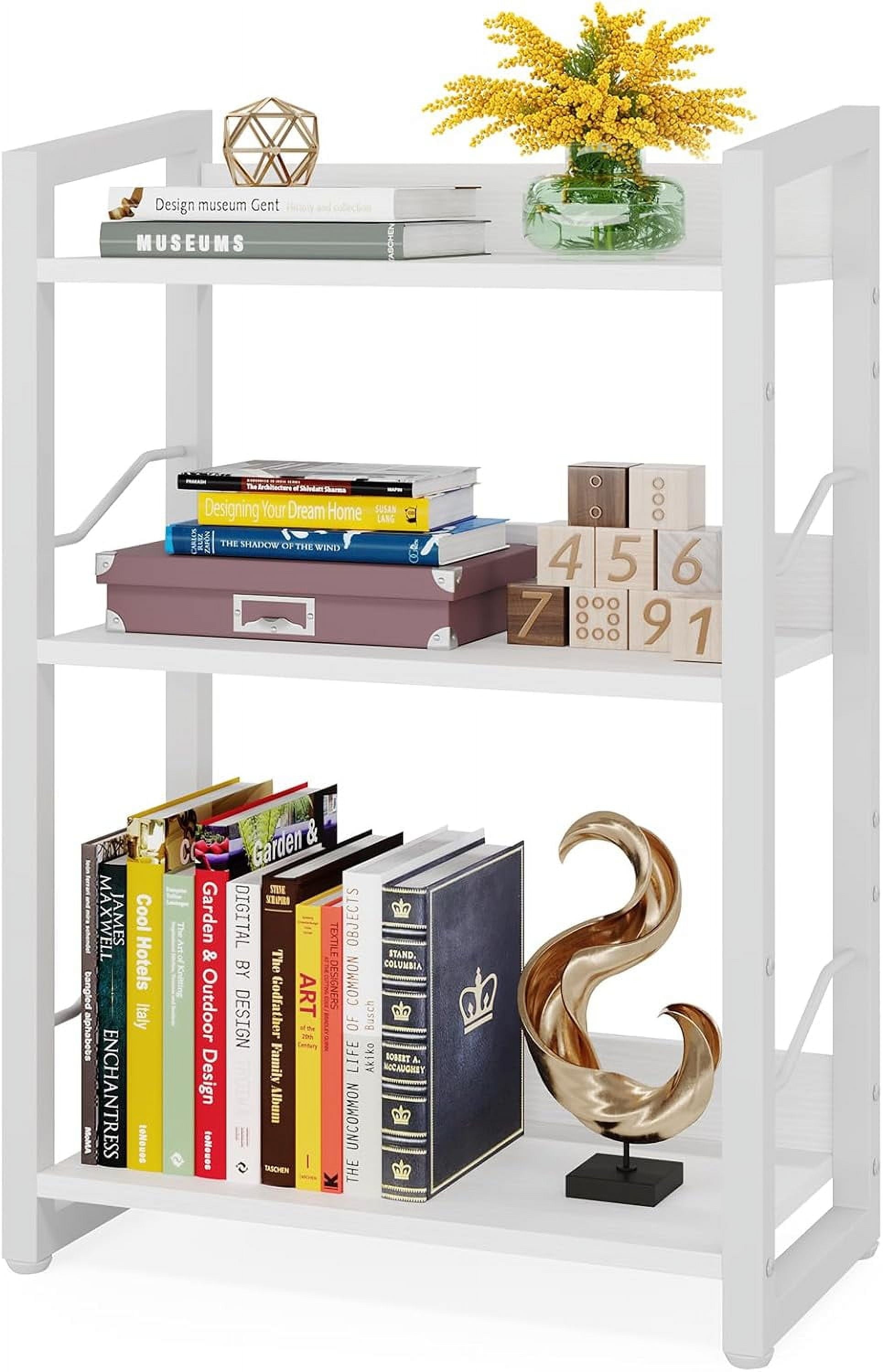 Book Shelf Small Bookshelf: 3-Tier Wood Bookcase Industrial Bookshelf with Edge Protection Metal Narrow Bookcase Storage Organizer Display Rack for Bedroom Home Office (Rustic Brown)