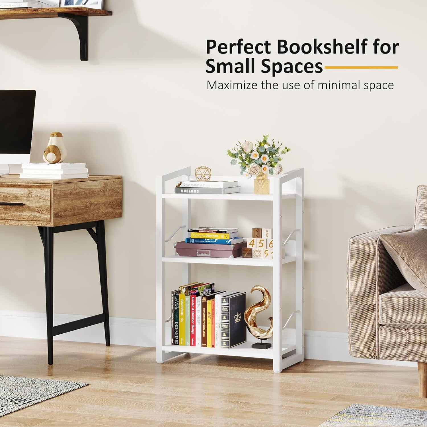 Book Shelf Small Bookshelf: 3-Tier Wood Bookcase Industrial Bookshelf with Edge Protection Metal Narrow Bookcase Storage Organizer Display Rack for Bedroom Home Office (Rustic Brown)