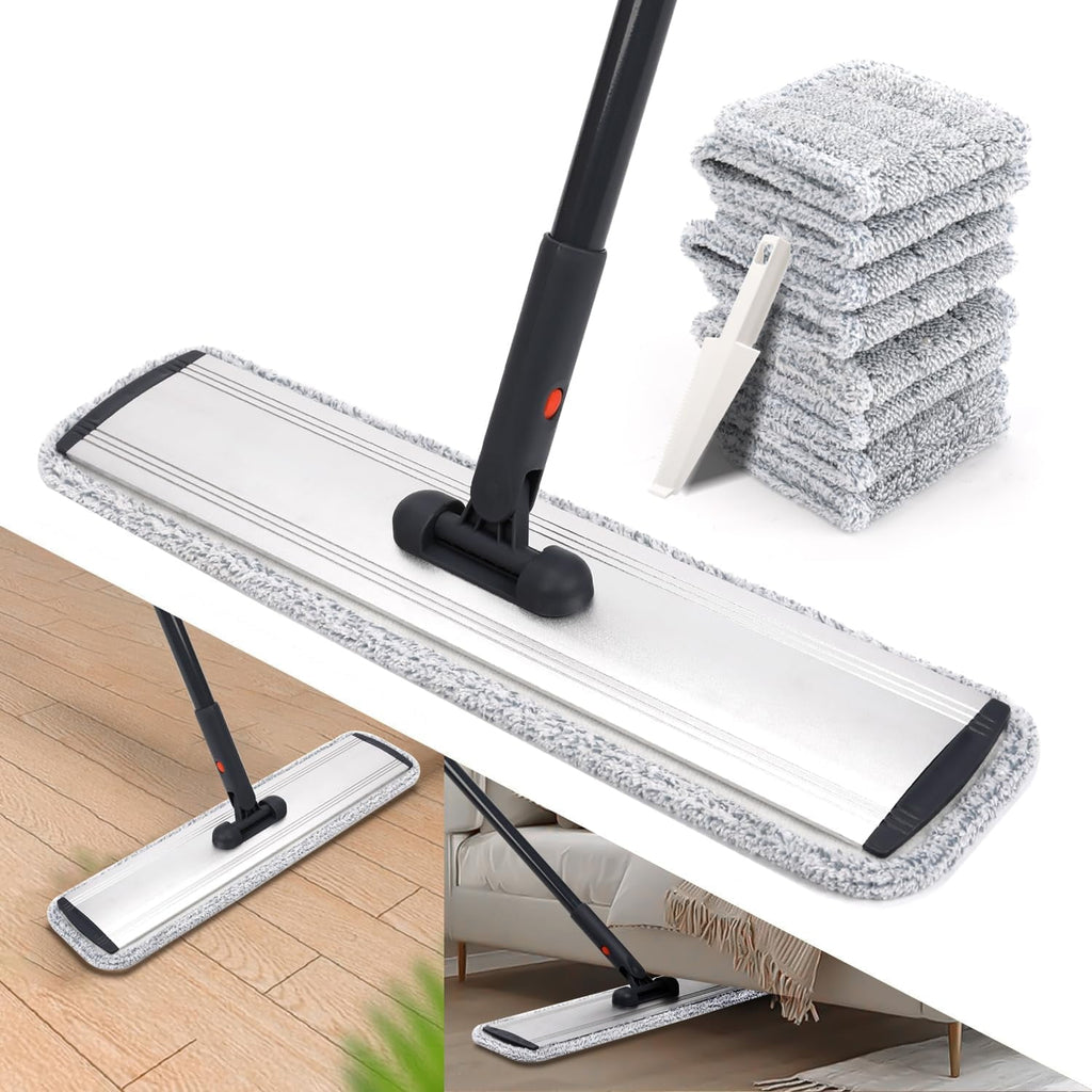 24in Flat Mop for Cleaning Floors, Heavy-Duty Microfiber Wet Mop with Easy Wringing &amp; Deep Cleaning, Includes 4 Reusable Mop Cloths and Adjustable Long Handle