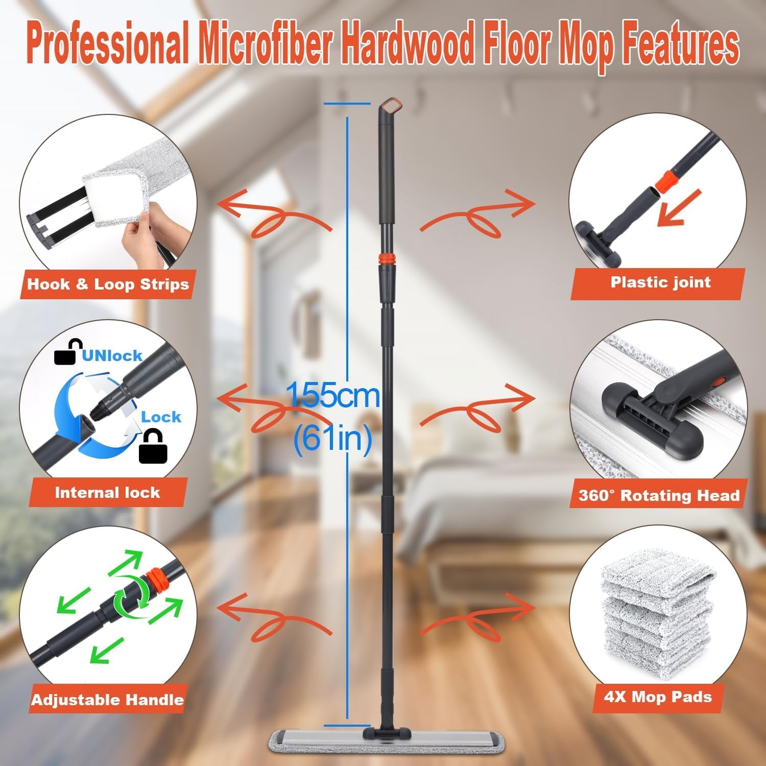 24in Flat Mop for Cleaning Floors, Heavy-Duty Microfiber Wet Mop with Easy Wringing &amp; Deep Cleaning, Includes 4 Reusable Mop Cloths and Adjustable Long Handle