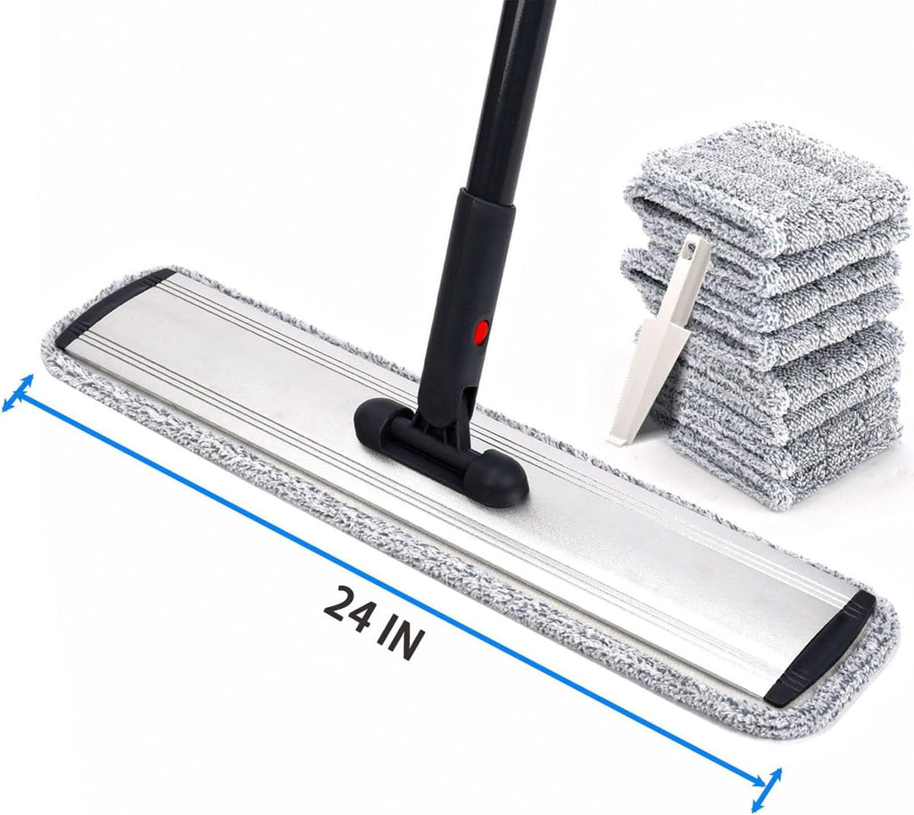 24in Flat Mop for Cleaning Floors, Heavy-Duty Microfiber Wet Mop with Easy Wringing &amp; Deep Cleaning, Includes 4 Reusable Mop Cloths and Adjustable Long Handle