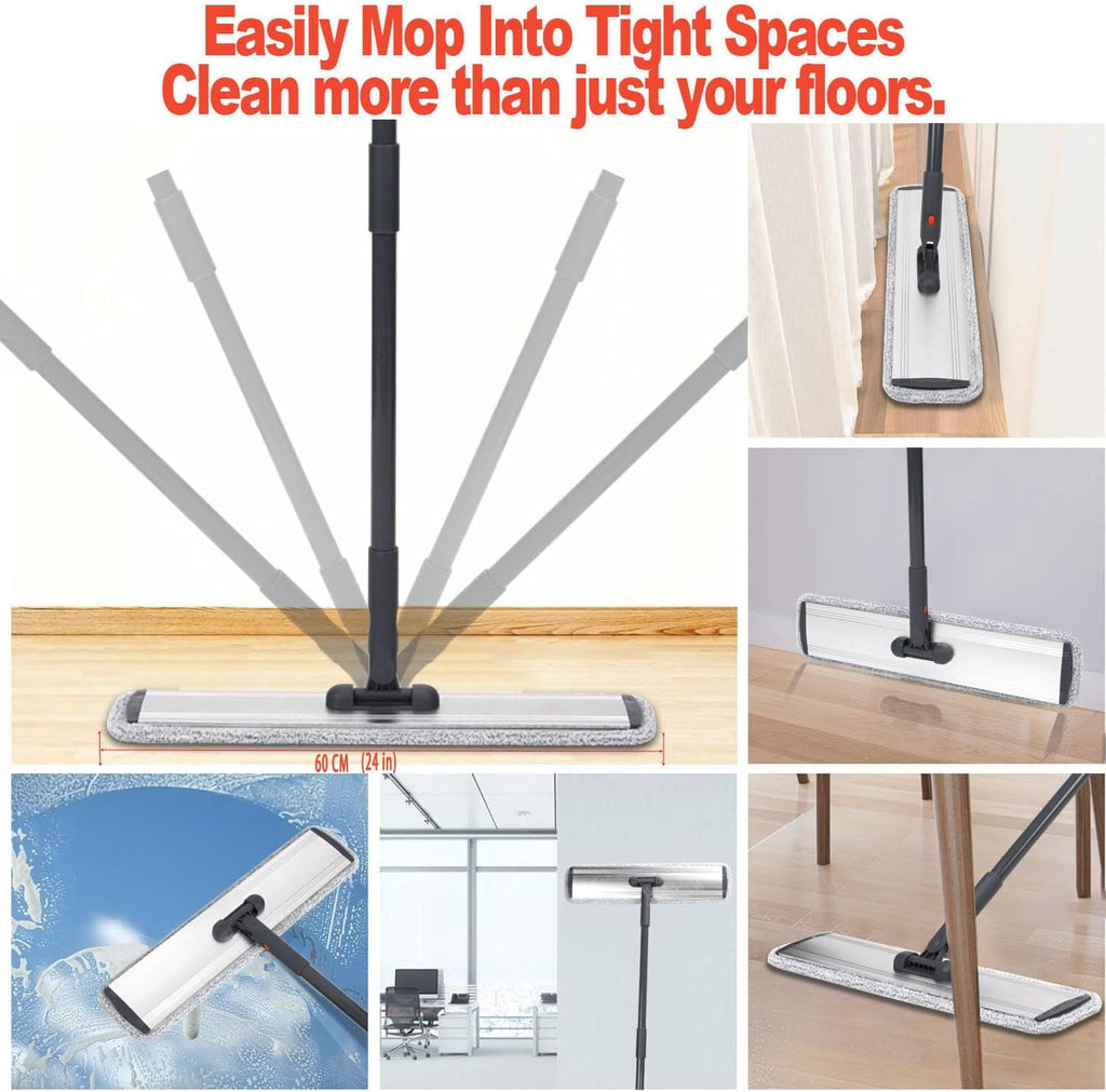 24in Flat Mop for Cleaning Floors, Heavy-Duty Microfiber Wet Mop with Easy Wringing &amp; Deep Cleaning, Includes 4 Reusable Mop Cloths and Adjustable Long Handle