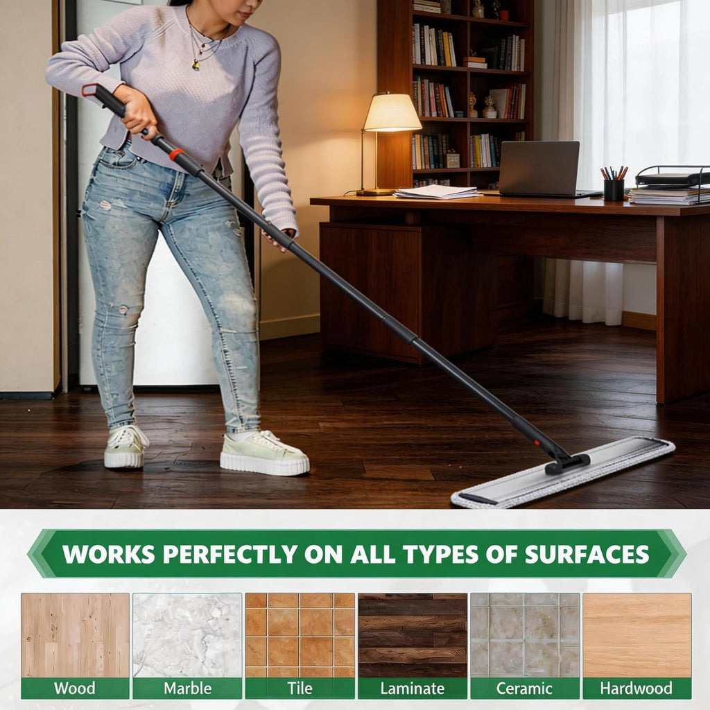 24in Flat Mop for Cleaning Floors, Heavy-Duty Microfiber Wet Mop with Easy Wringing &amp; Deep Cleaning, Includes 4 Reusable Mop Cloths and Adjustable Long Handle