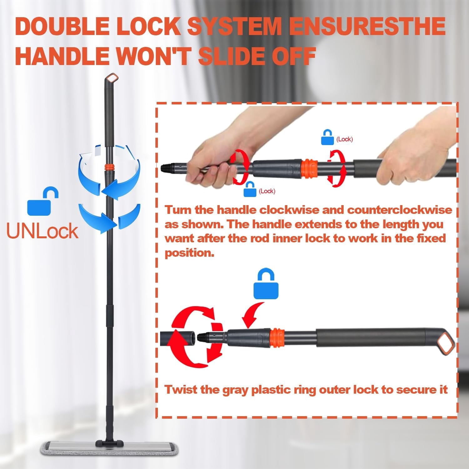 24in Flat Mop for Cleaning Floors, Heavy-Duty Microfiber Wet Mop with Easy Wringing &amp; Deep Cleaning, Includes 4 Reusable Mop Cloths and Adjustable Long Handle