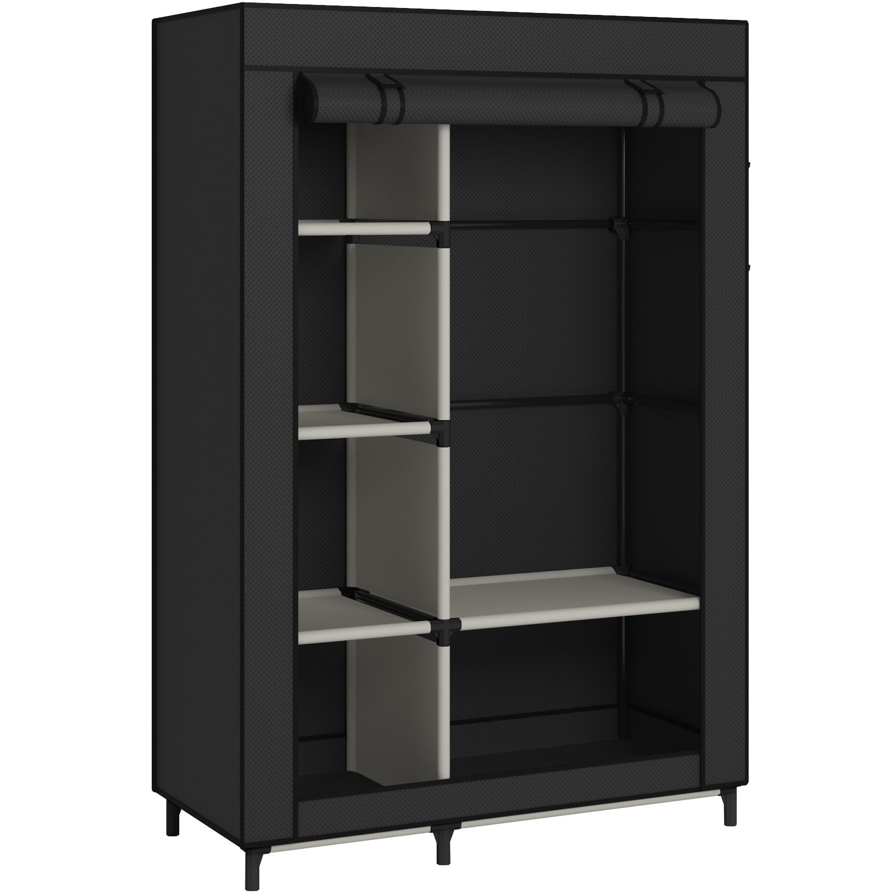 Portable Closet Organizers, Clothing Storage Wardrobe with 6 Shelves and Hanging Rod, Non-Woven Fabric Cover with 4 Side Pockets for Bedroom, Basement, Garage, Black
