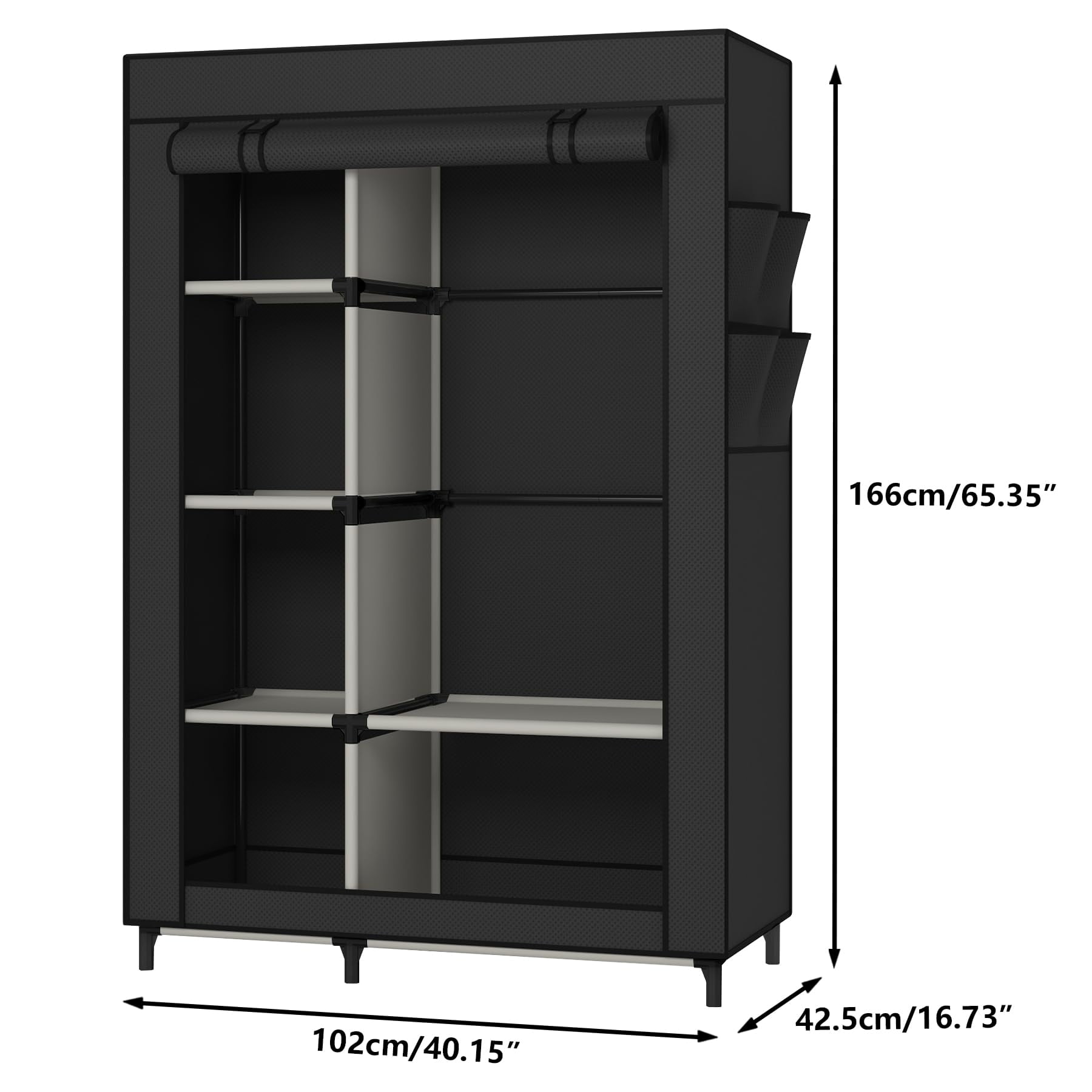 Portable Closet Organizers, Clothing Storage Wardrobe with 6 Shelves and Hanging Rod, Non-Woven Fabric Cover with 4 Side Pockets for Bedroom, Basement, Garage, Black