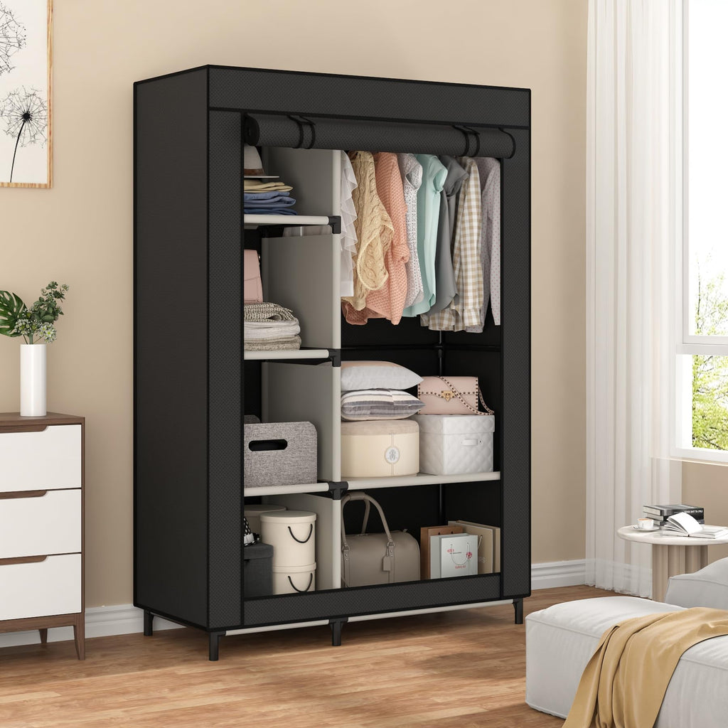 Portable Closet Organizers, Clothing Storage Wardrobe with 6 Shelves and Hanging Rod, Non-Woven Fabric Cover with 4 Side Pockets for Bedroom, Basement, Garage, Black