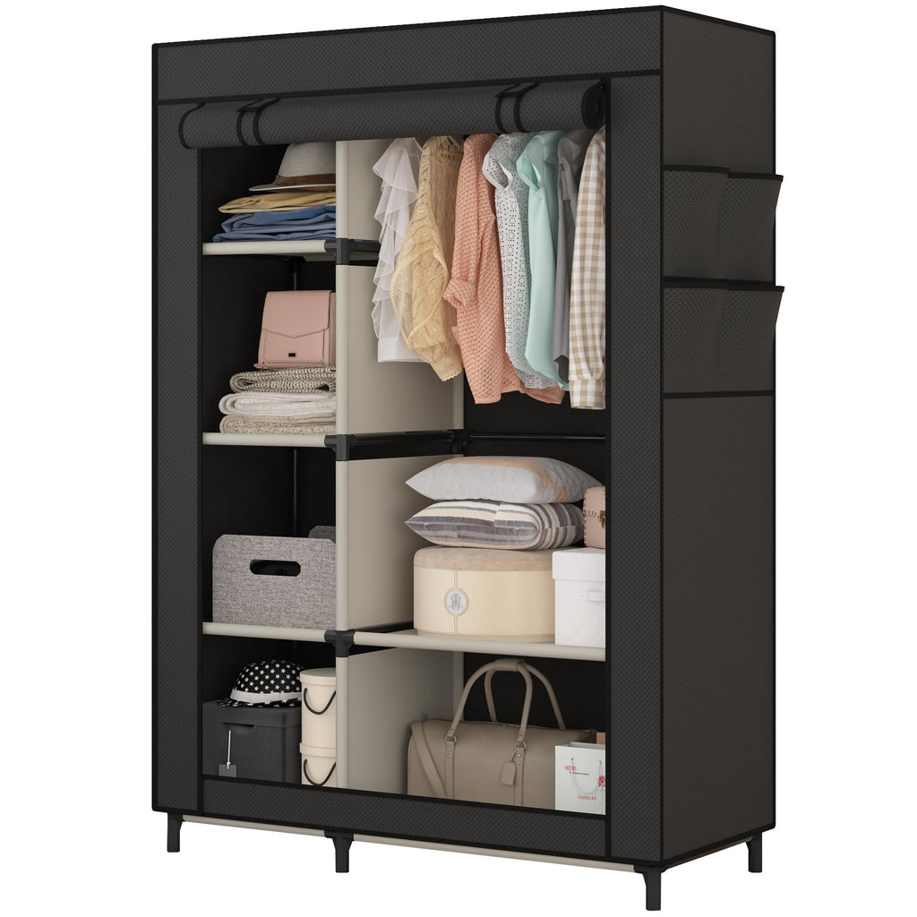 Portable Closet Organizers, Clothing Storage Wardrobe with 6 Shelves and Hanging Rod, Non-Woven Fabric Cover with 4 Side Pockets for Bedroom, Basement, Garage, Black
