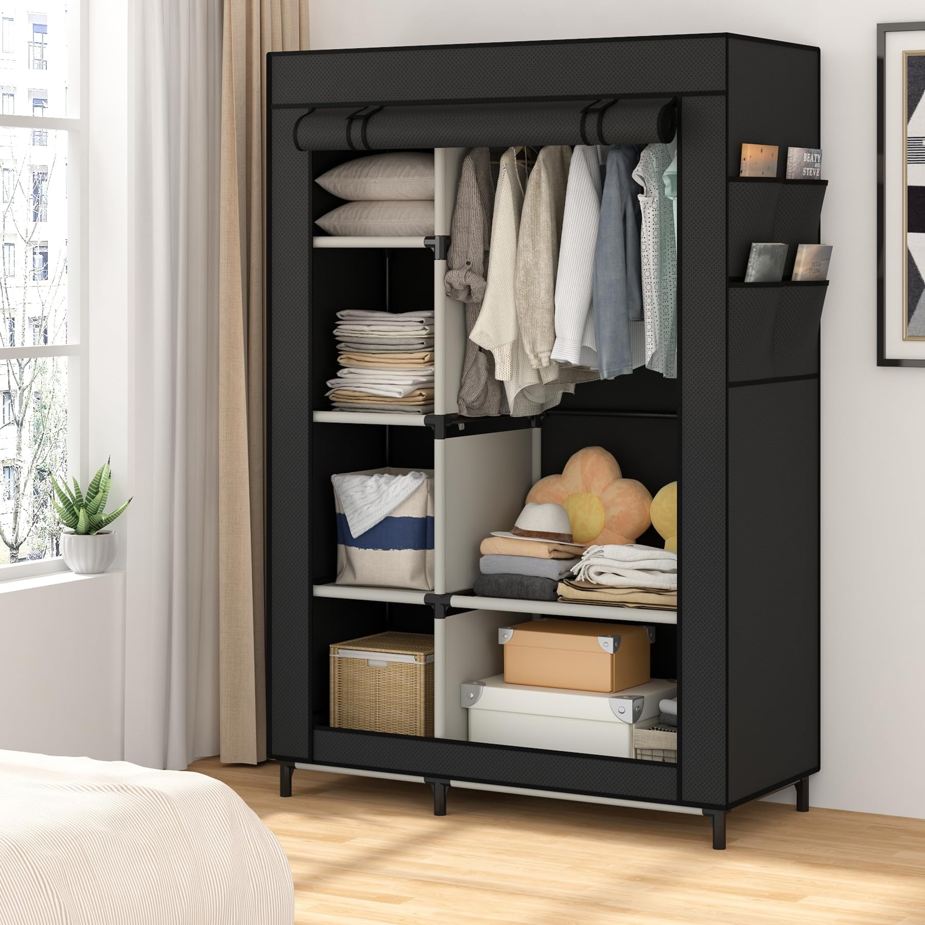 Portable Closet Organizers, Clothing Storage Wardrobe with 6 Shelves and Hanging Rod, Non-Woven Fabric Cover with 4 Side Pockets for Bedroom, Basement, Garage, Black