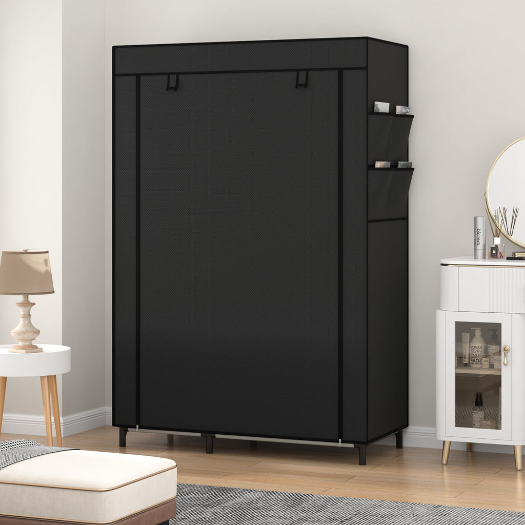 Portable Closet Organizers, Clothing Storage Wardrobe with 6 Shelves and Hanging Rod, Non-Woven Fabric Cover with 4 Side Pockets for Bedroom, Basement, Garage, Black