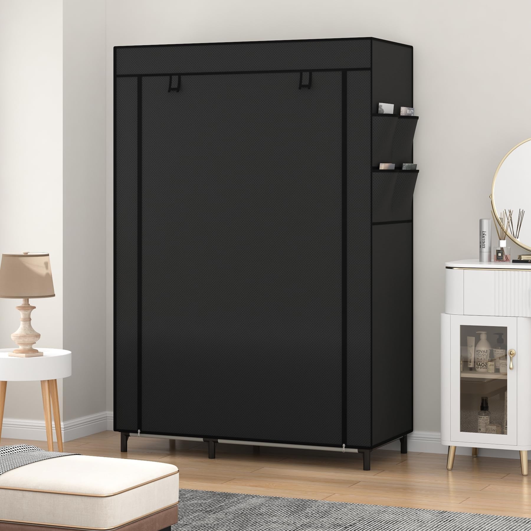 Portable Closet Organizers, Clothing Storage Wardrobe with 6 Shelves and Hanging Rod, Non-Woven Fabric Cover with 4 Side Pockets for Bedroom, Basement, Garage, Black