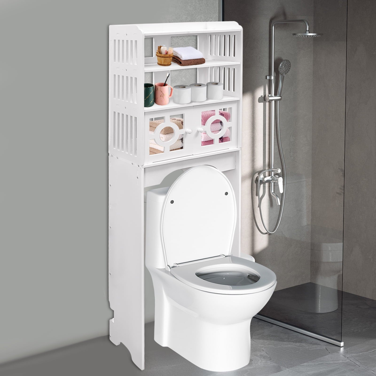 White PVC 48x23x150cm Four-Story Toilet Shelf Hollowed Out Moisture-Proof Design Bathroom Storage Cabinet