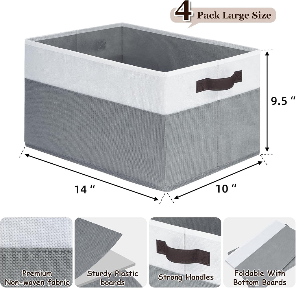 4 Pack Large Storage Baskets for Shelves | Fabric Closet Organizers and Storage Bins with Handles Home Organization | Decorative Collapsible Baskets for Organizing Clothes Toy Nursery 14"x10"