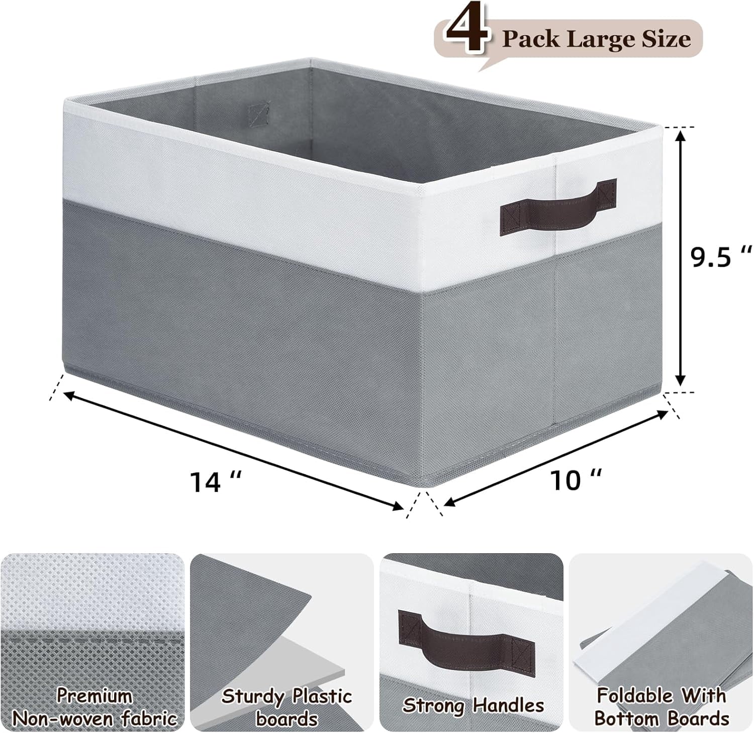 4 Pack Large Storage Baskets for Shelves | Fabric Closet Organizers and Storage Bins with Handles Home Organization | Decorative Collapsible Baskets for Organizing Clothes Toy Nursery 14"x10"