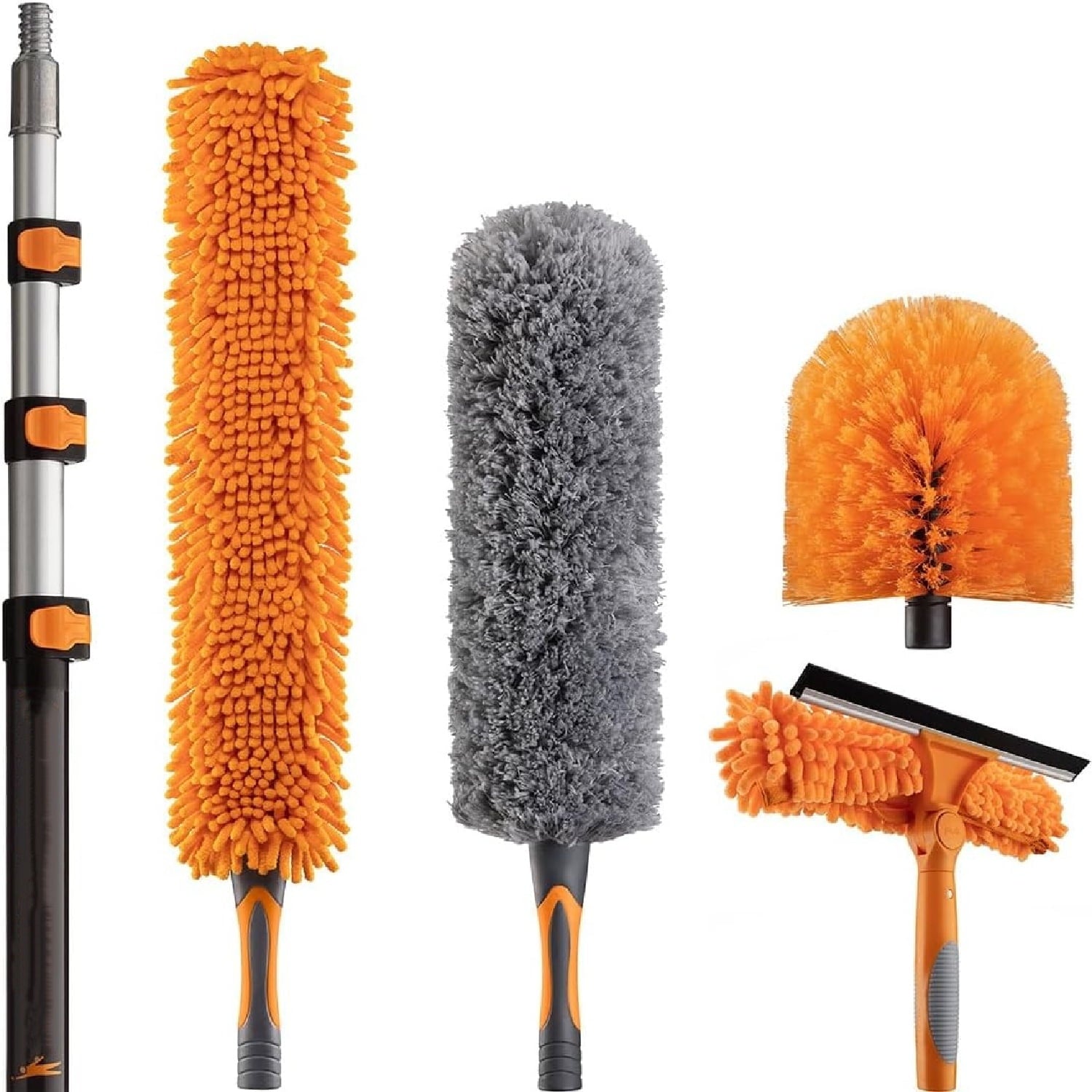 20 Foot High Reach Duster Kit with 4-12 ft Extension Pole // High Ceiling Dusting and Window Cleaning Kit with Telescopic Pole // Window Washer &amp; Squeegee, Cobweb Duster, Fan Blade and Feather Duster