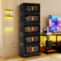 5-Tier Foldable Storage Cabinet with Magnetic Doors - Collapsible Plastic Storage Organizer with Wheels, 80 Gallon Capacity, Black