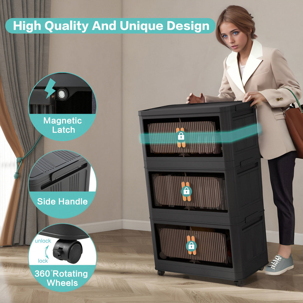 5-Tier Foldable Storage Cabinet with Magnetic Doors - Collapsible Plastic Storage Organizer with Wheels, 80 Gallon Capacity, Black