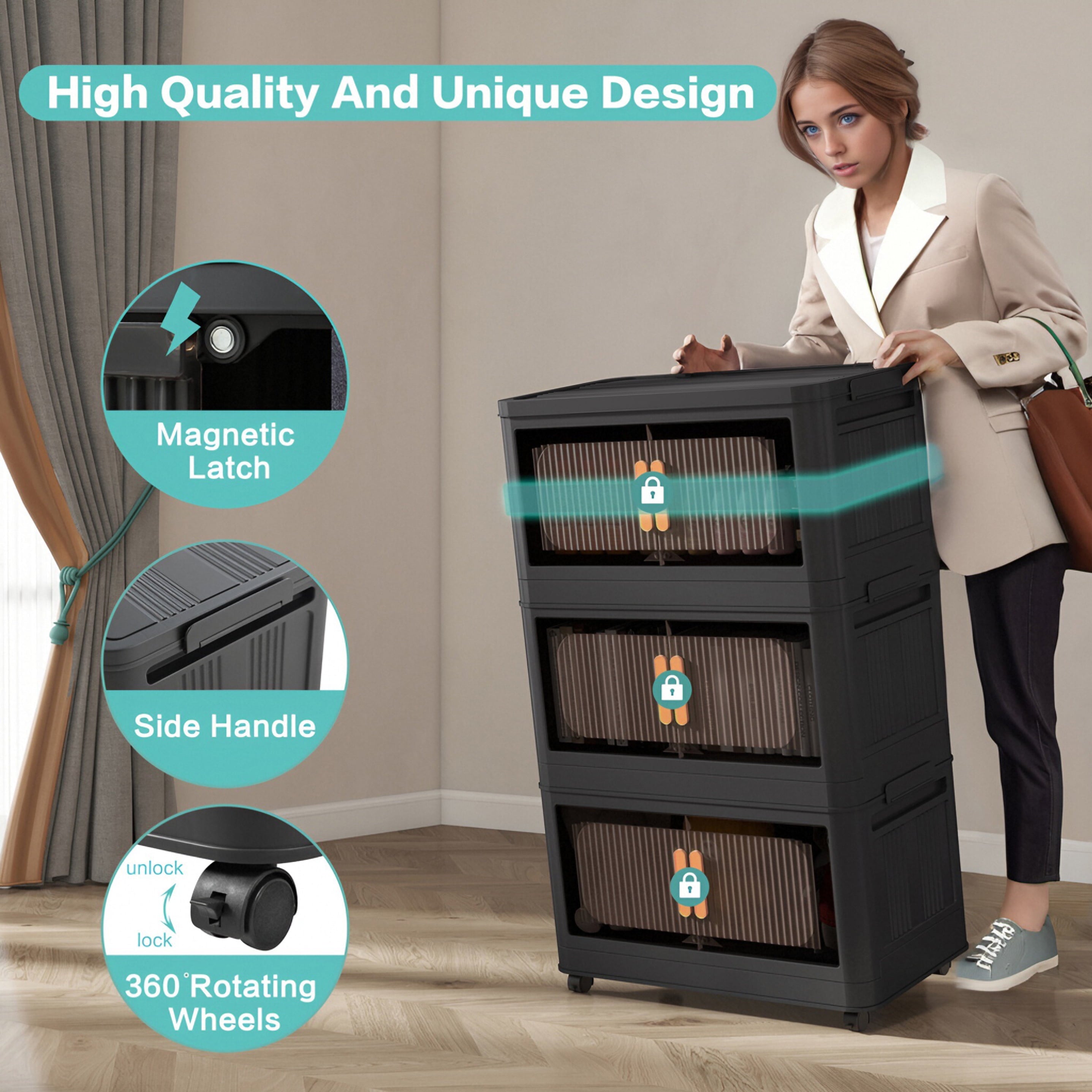 5-Tier Foldable Storage Cabinet with Magnetic Doors - Collapsible Plastic Storage Organizer with Wheels, 80 Gallon Capacity, Black