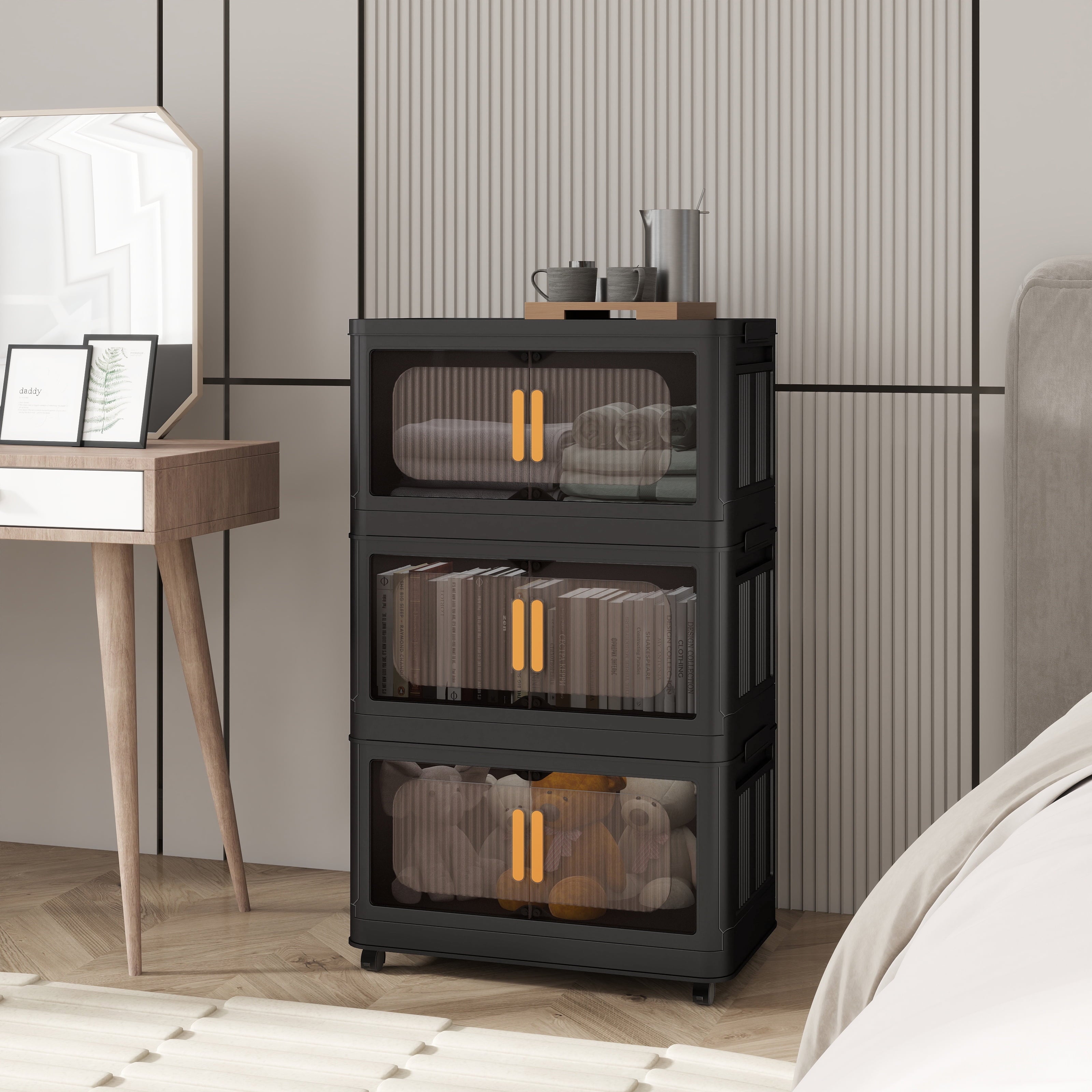 5-Tier Foldable Storage Cabinet with Magnetic Doors - Collapsible Plastic Storage Organizer with Wheels, 80 Gallon Capacity, Black