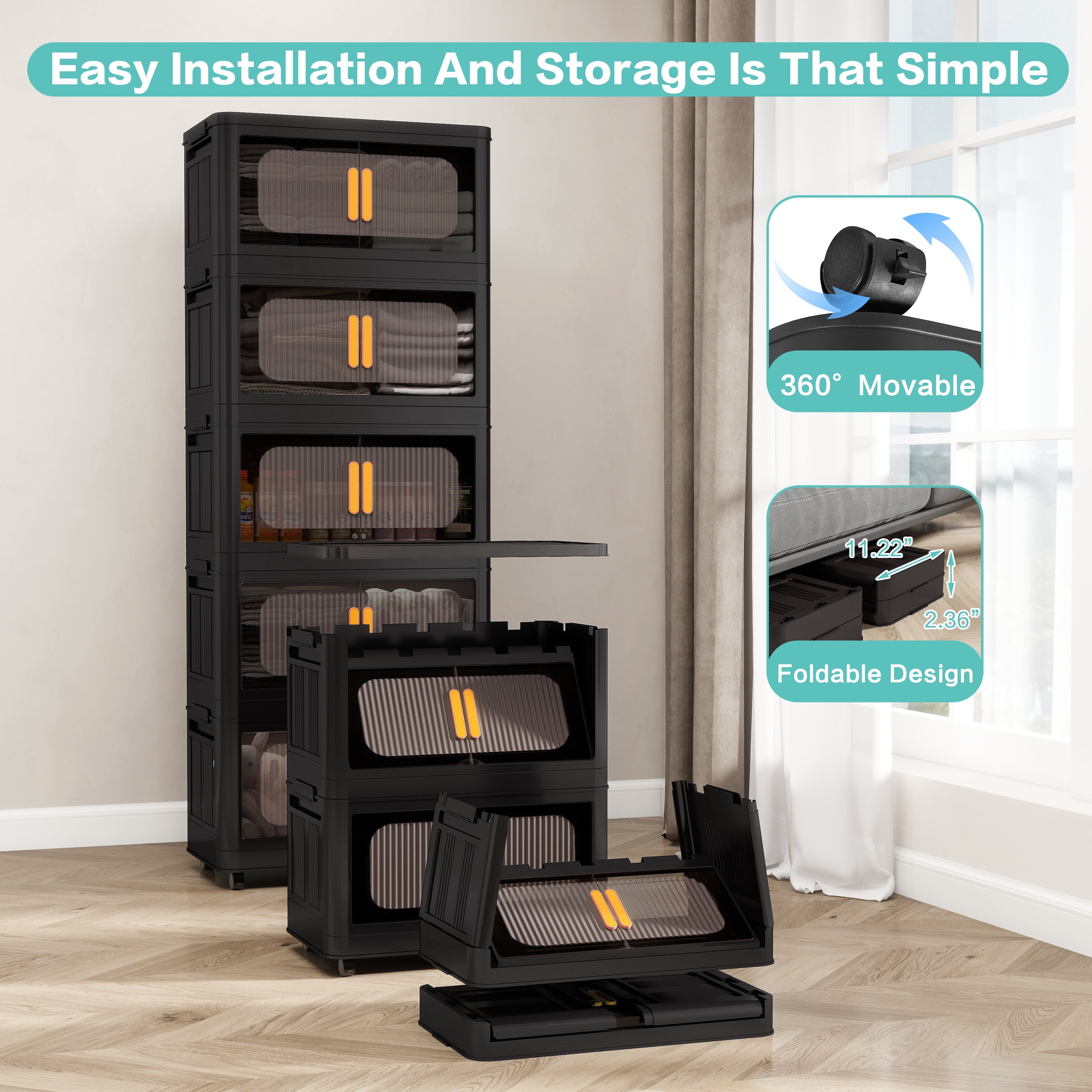 5-Tier Foldable Storage Cabinet with Magnetic Doors - Collapsible Plastic Storage Organizer with Wheels, 80 Gallon Capacity, Black