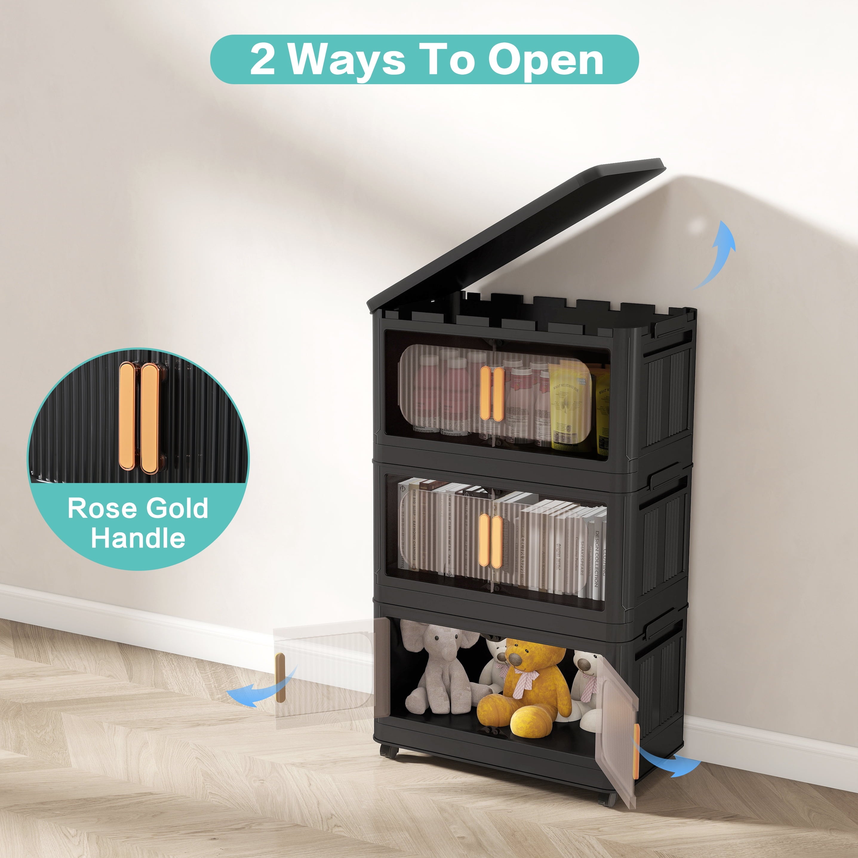 5-Tier Foldable Storage Cabinet with Magnetic Doors - Collapsible Plastic Storage Organizer with Wheels, 80 Gallon Capacity, Black