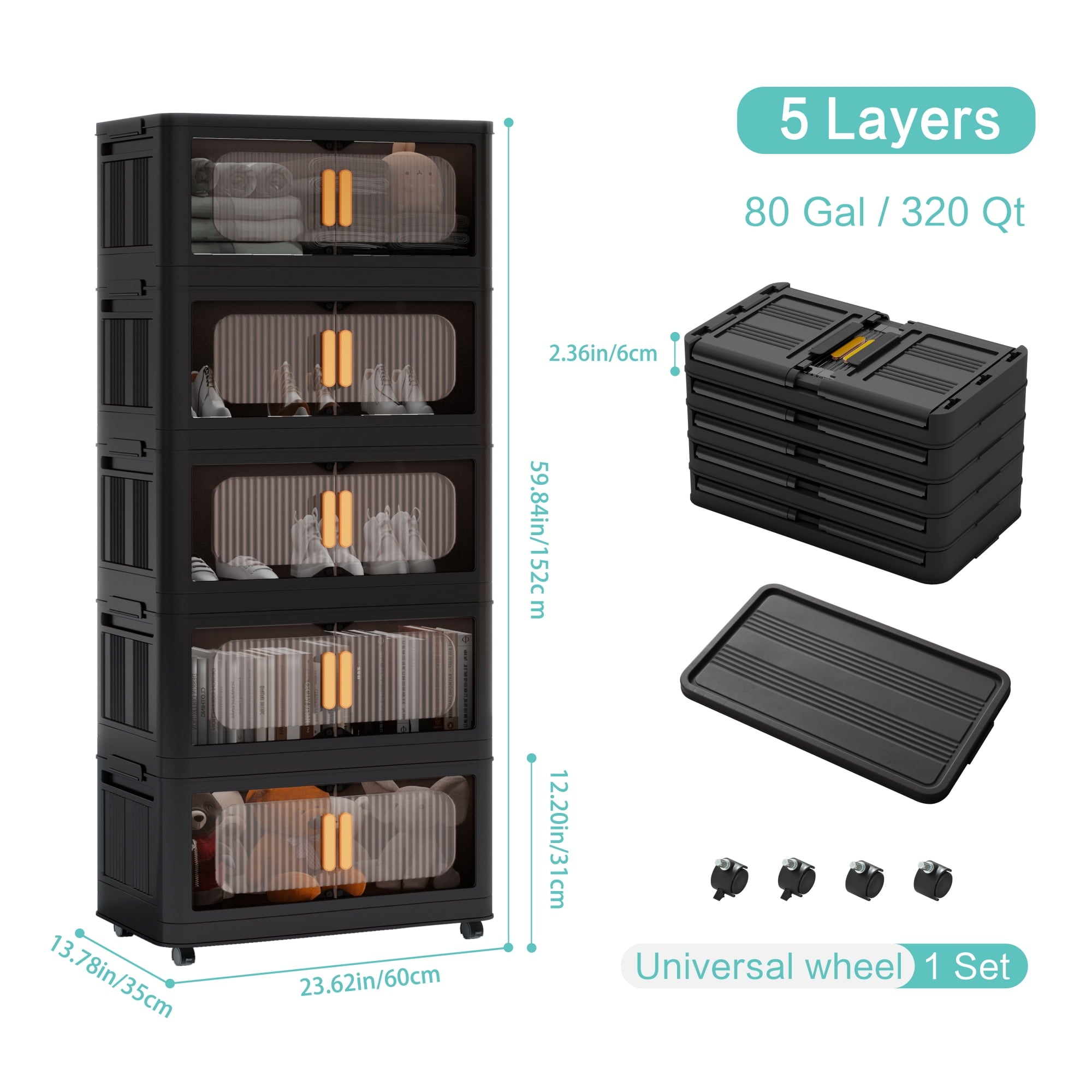 5-Tier Foldable Storage Cabinet with Magnetic Doors - Collapsible Plastic Storage Organizer with Wheels, 80 Gallon Capacity, Black
