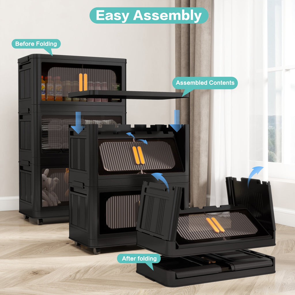 5-Tier Foldable Storage Cabinet with Magnetic Doors - Collapsible Plastic Storage Organizer with Wheels, 80 Gallon Capacity, Black