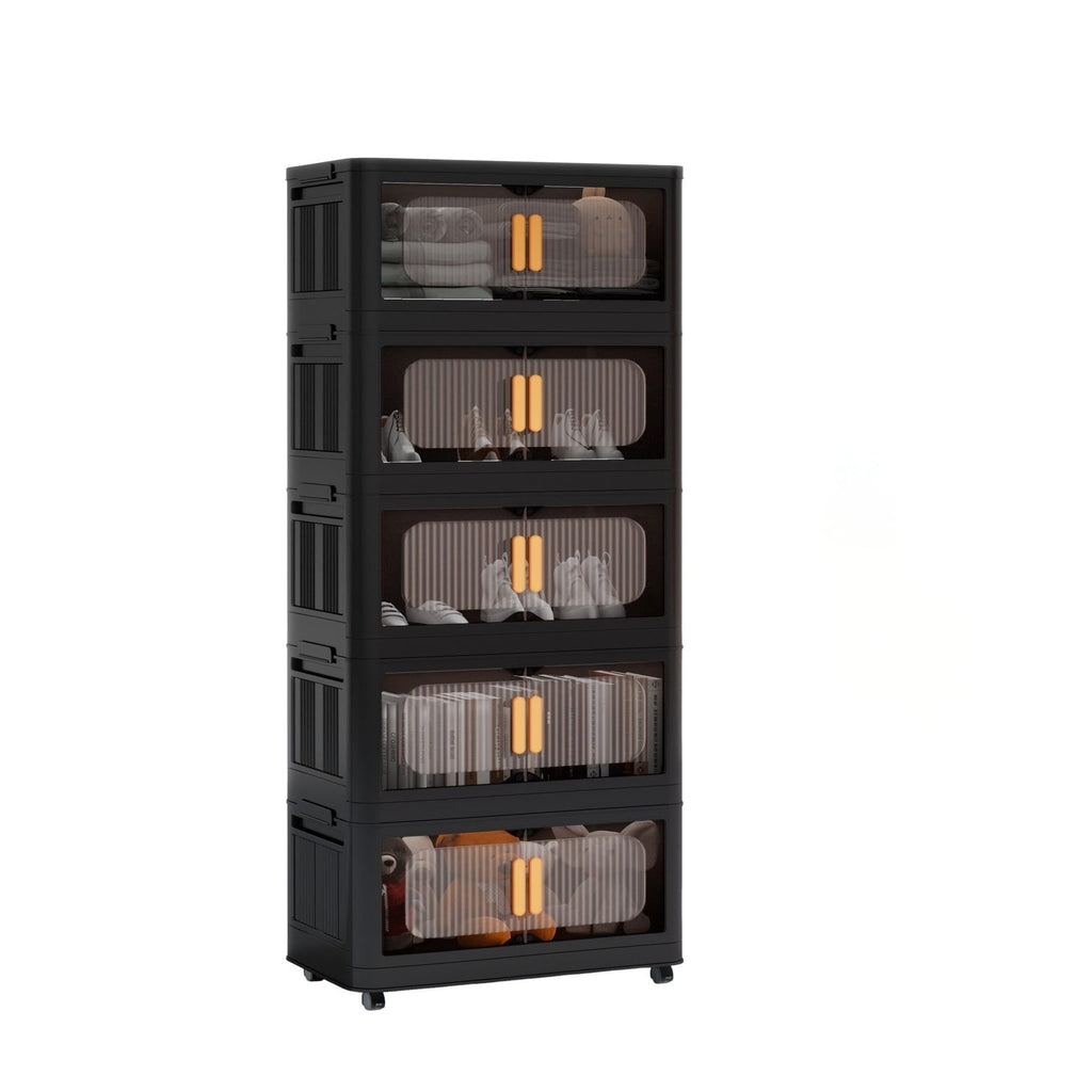 5-Tier Foldable Storage Cabinet with Magnetic Doors - Collapsible Plastic Storage Organizer with Wheels, 80 Gallon Capacity, Black