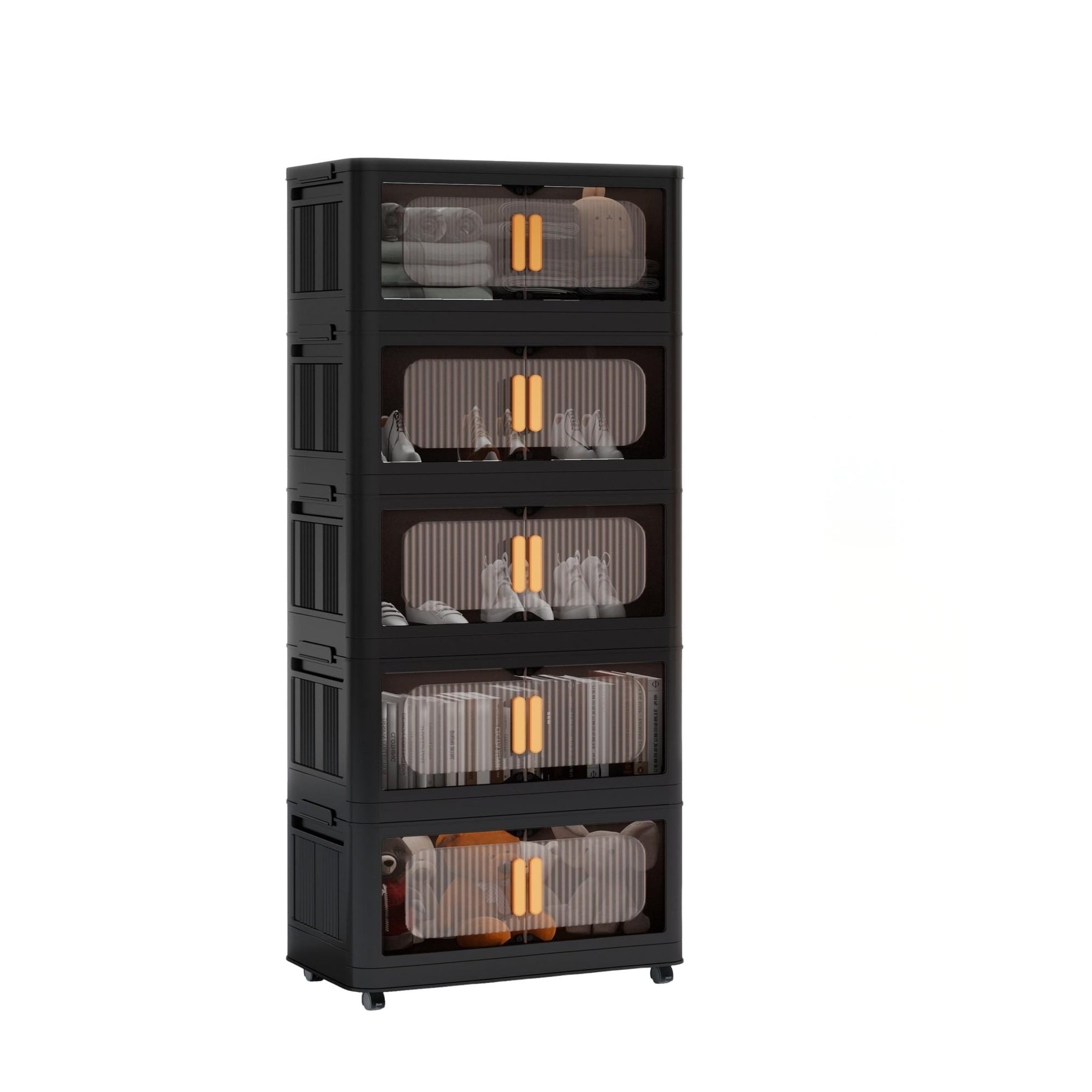 5-Tier Foldable Storage Cabinet with Magnetic Doors - Collapsible Plastic Storage Organizer with Wheels, 80 Gallon Capacity, Black