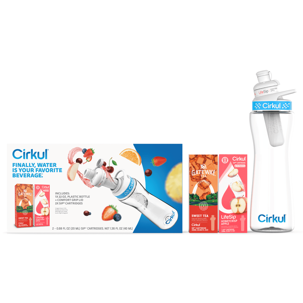 22oz Plastic Water Bottle Starter Kit with Blue Lid and 2 Flavor Cartridges (Honeycrisp Apple &amp; Sweet Tea)