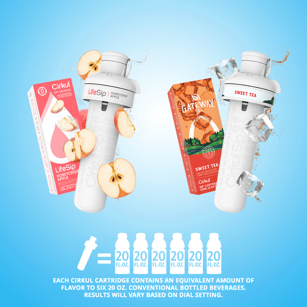 22oz Plastic Water Bottle Starter Kit with Blue Lid and 2 Flavor Cartridges (Honeycrisp Apple &amp; Sweet Tea)