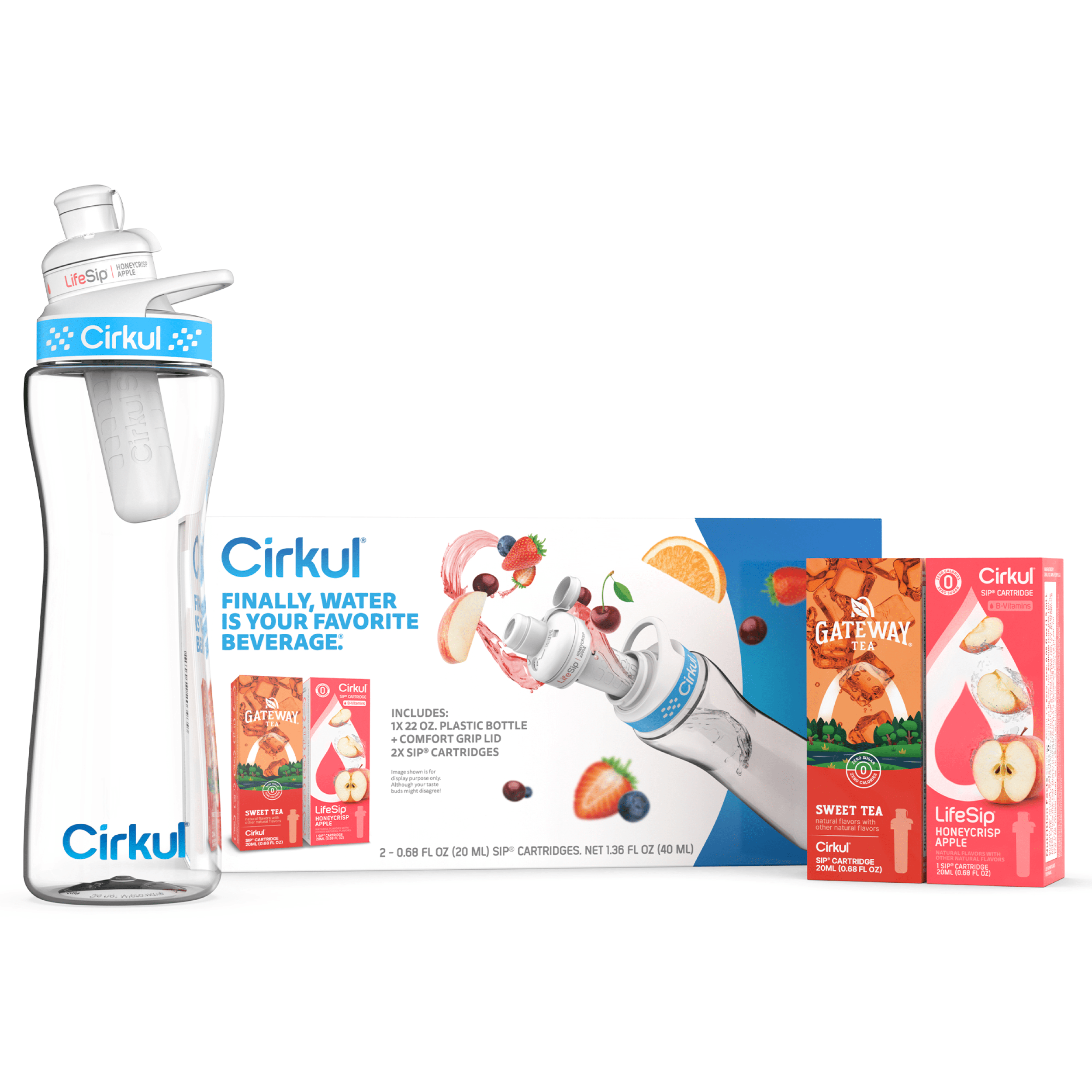 22oz Plastic Water Bottle Starter Kit with Blue Lid and 2 Flavor Cartridges (Honeycrisp Apple &amp; Sweet Tea)
