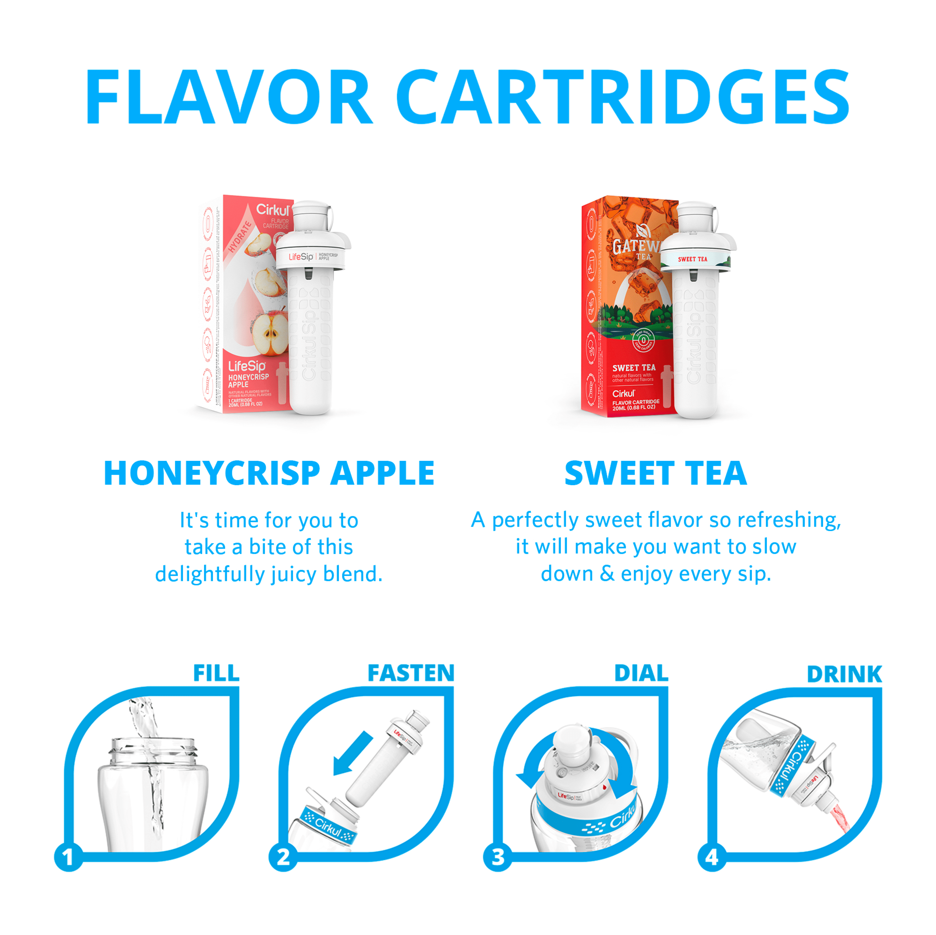 22oz Plastic Water Bottle Starter Kit with Blue Lid and 2 Flavor Cartridges (Honeycrisp Apple &amp; Sweet Tea)