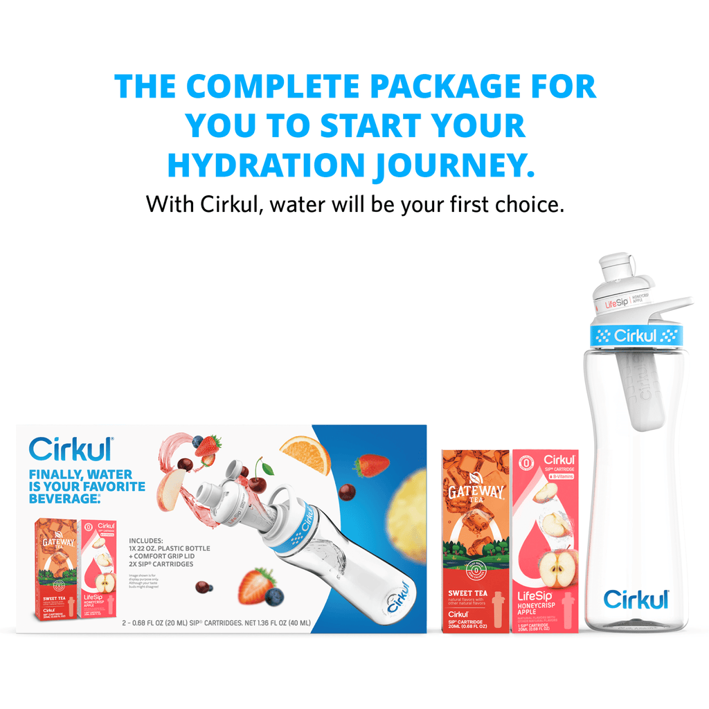 22oz Plastic Water Bottle Starter Kit with Blue Lid and 2 Flavor Cartridges (Honeycrisp Apple &amp; Sweet Tea)