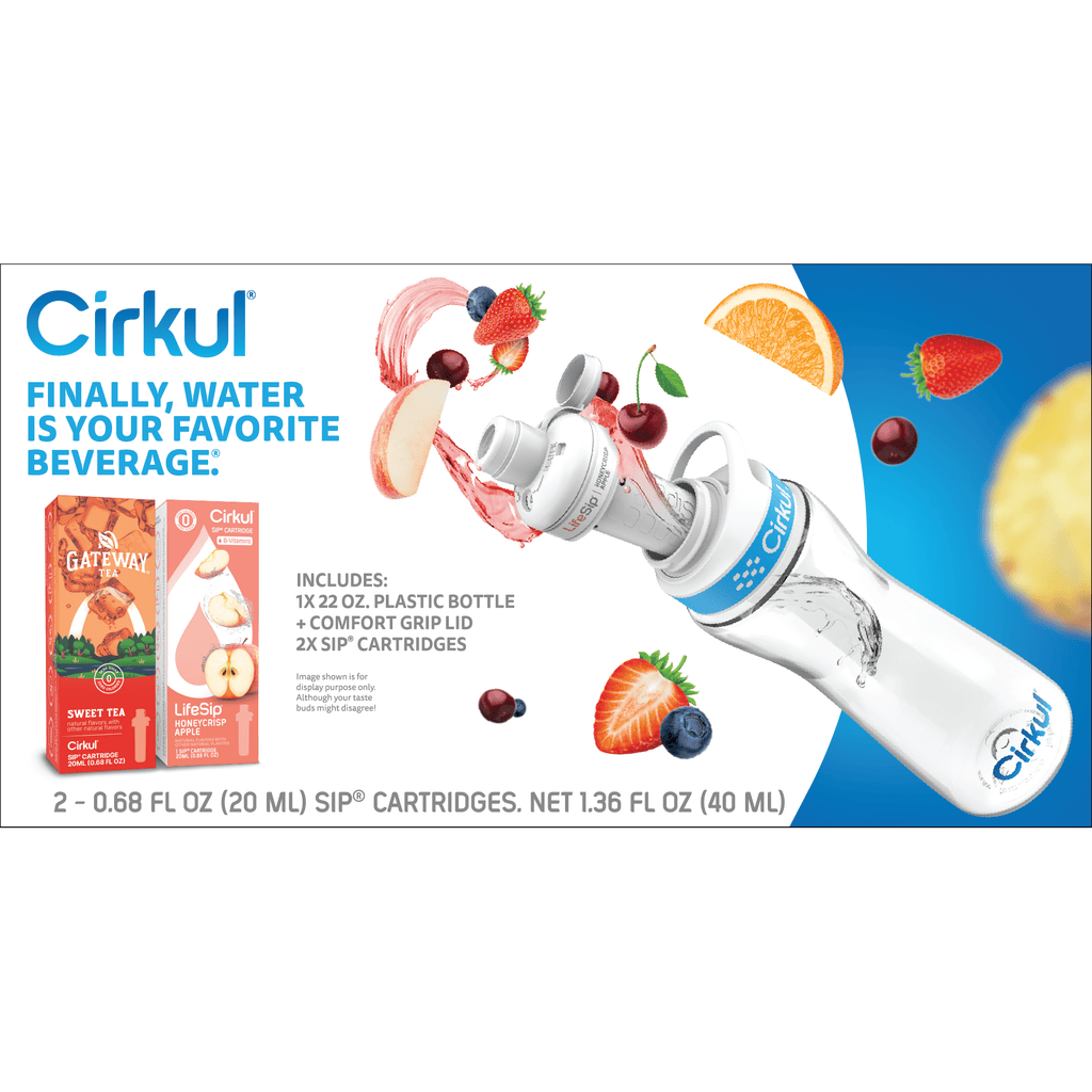 22oz Plastic Water Bottle Starter Kit with Blue Lid and 2 Flavor Cartridges (Honeycrisp Apple &amp; Sweet Tea)