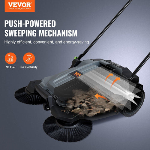 "25.6" Wide Manual Push Broom Sweeper, 5-Gallon Large Capacity Non-Electric Floor Sweeper, Adjustable Handle &amp; Angle for Walkway, Garage, Patio, Yard – Heavy-Duty Outdoor/Indoor Cleaning Tool"