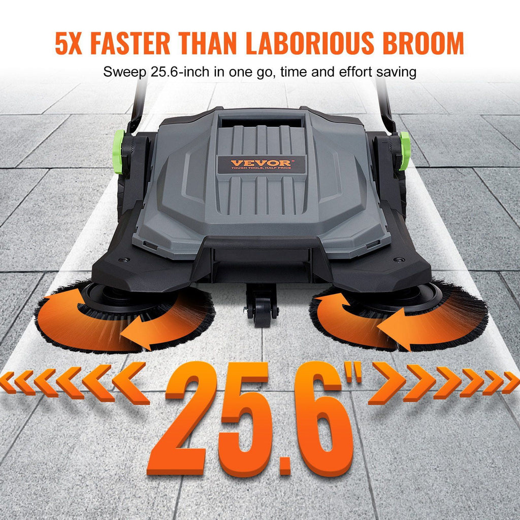 "25.6" Wide Manual Push Broom Sweeper, 5-Gallon Large Capacity Non-Electric Floor Sweeper, Adjustable Handle &amp; Angle for Walkway, Garage, Patio, Yard – Heavy-Duty Outdoor/Indoor Cleaning Tool"