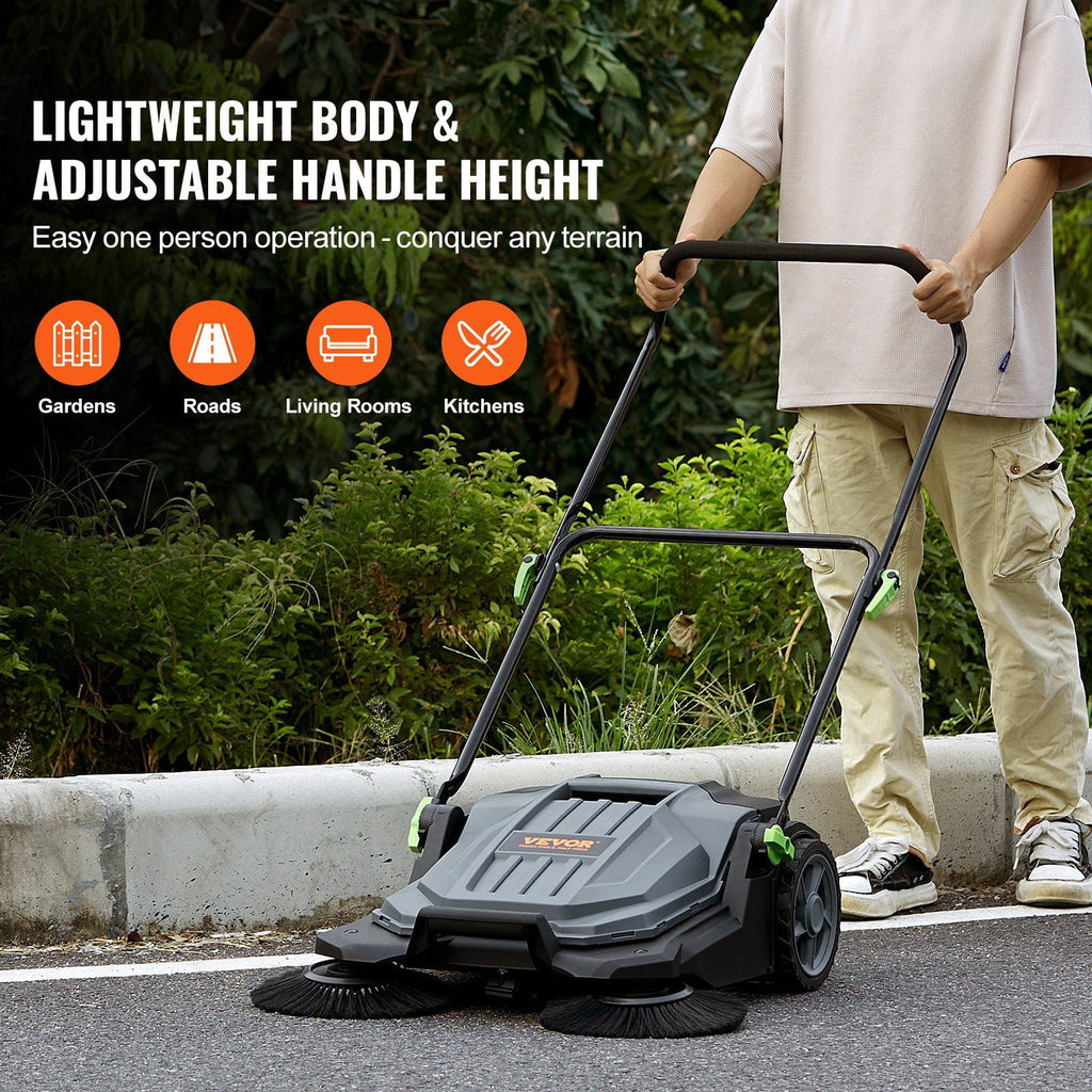 "25.6" Wide Manual Push Broom Sweeper, 5-Gallon Large Capacity Non-Electric Floor Sweeper, Adjustable Handle &amp; Angle for Walkway, Garage, Patio, Yard – Heavy-Duty Outdoor/Indoor Cleaning Tool"