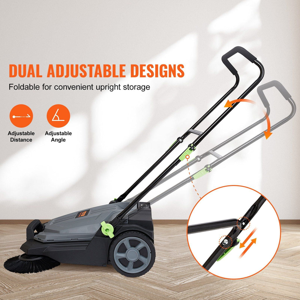 "25.6" Wide Manual Push Broom Sweeper, 5-Gallon Large Capacity Non-Electric Floor Sweeper, Adjustable Handle &amp; Angle for Walkway, Garage, Patio, Yard – Heavy-Duty Outdoor/Indoor Cleaning Tool"