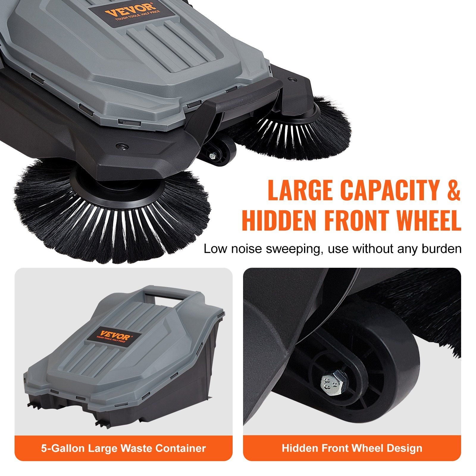 "25.6" Wide Manual Push Broom Sweeper, 5-Gallon Large Capacity Non-Electric Floor Sweeper, Adjustable Handle &amp; Angle for Walkway, Garage, Patio, Yard – Heavy-Duty Outdoor/Indoor Cleaning Tool"