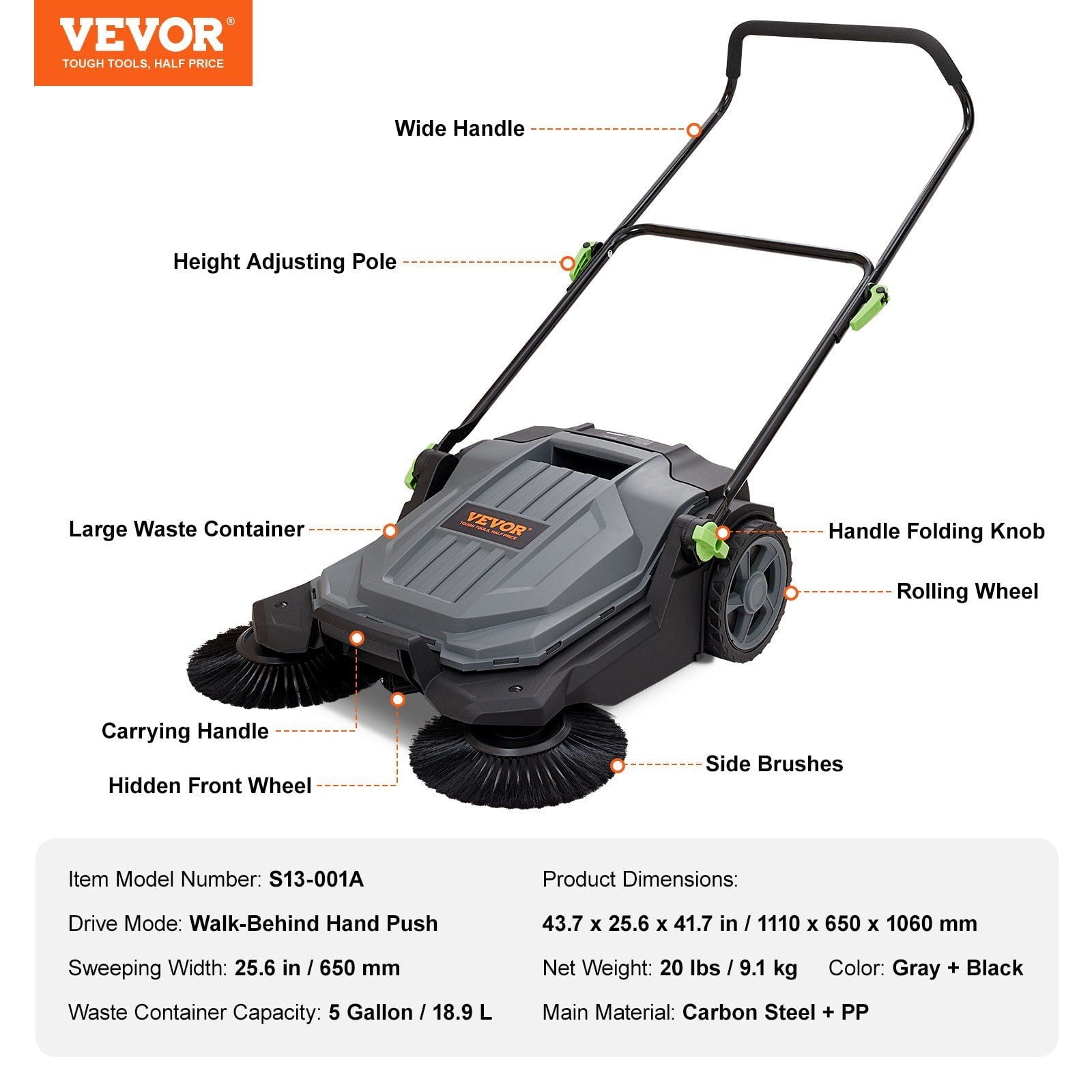 "25.6" Wide Manual Push Broom Sweeper, 5-Gallon Large Capacity Non-Electric Floor Sweeper, Adjustable Handle &amp; Angle for Walkway, Garage, Patio, Yard – Heavy-Duty Outdoor/Indoor Cleaning Tool"