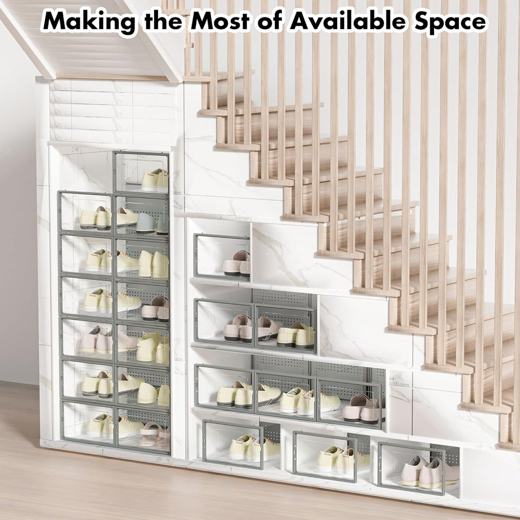 Shoe Storage Box, 15 Pack Clear Plastic Stackable Shoe Organizer for Closet, Interlocking Design Shoe Container Bins for Sneakers, Foldable Shoe Rack with Lids, Black