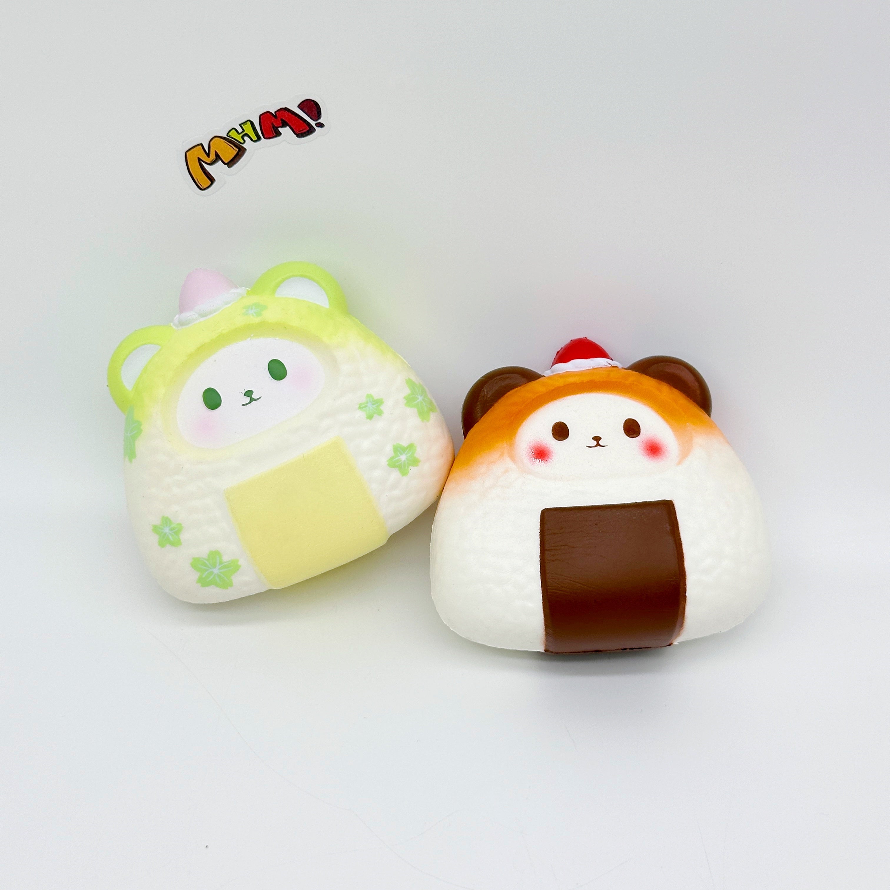 Handheld Bear Onigiri Squishy with Cute Face & Flavor Details