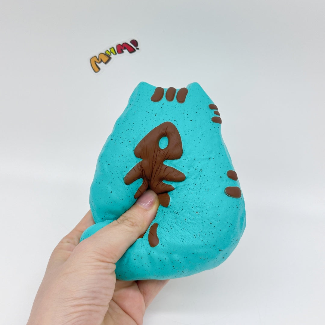 Cute Cat with Fishbone Print Stress Relief Squishy, Green/Brown