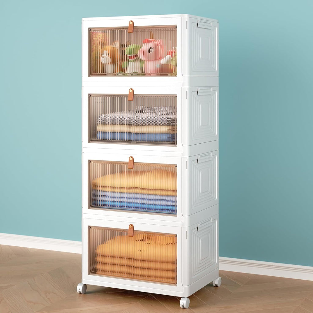 4 Tier Storage Bins with Lids - 23QT Stackable Closet Organizers with Wheels - Collapsible &amp; Foldable Plastic Storage Containers for Home, Office &amp; Dorm Room