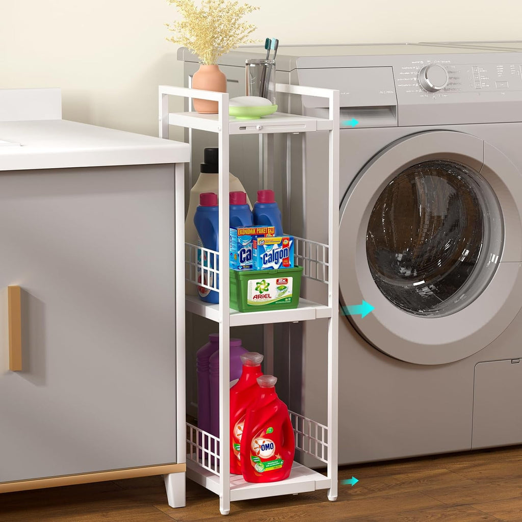Expandable Slim Storage Shelf 3 Tier Metal Shelving Unit for Bathroom Storage Organizer Free-Standing Narrow Shelf Open Floor Shelves for Small Spaces Laundry Bathroom Kitchen White